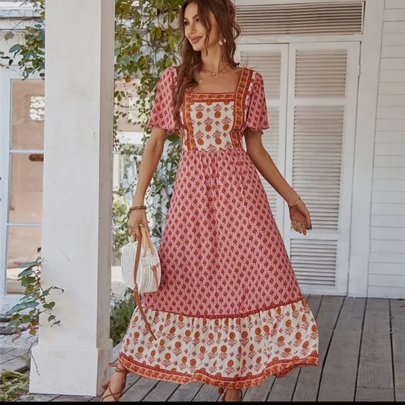 Dresses & Skirts - NWT Cotton Printed Square Neck Short Sleeve Maxi Boho Dress